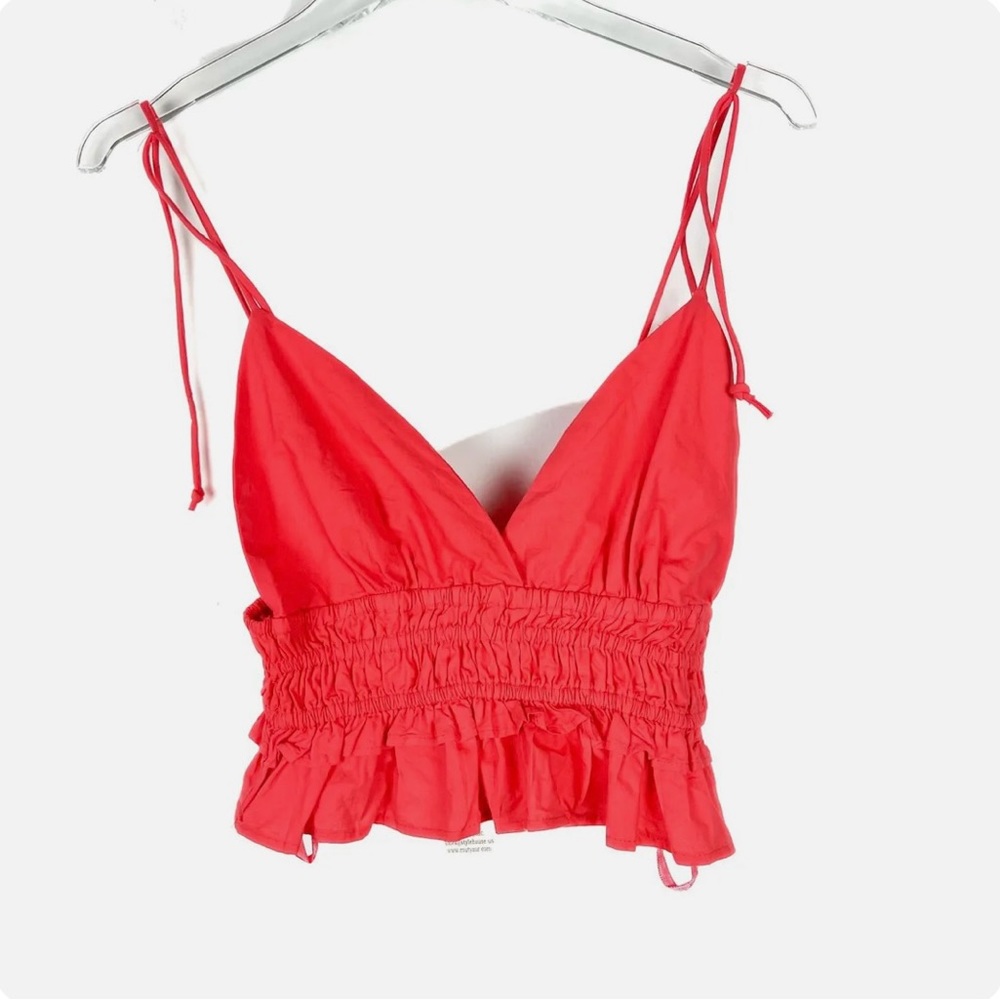 Sim & Sam Tie Shoulder Ruffle Hem Crop Top Tank Salmon Size Small S